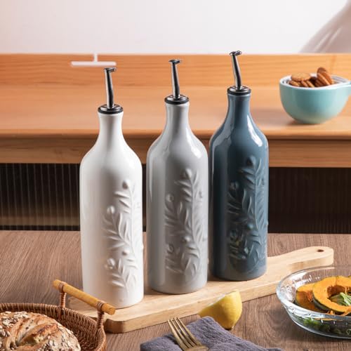 Sweejar Large Olive Oil Dispenser Bottle with Spout, 24 Oz Ceramic Oil Dispenser for Kitchen, Relief Opaque Oil Cruet, Oil Container for Cooking, EVOO, Avocado Oil, Vinegar, Pack of 1(Fog Blue) - Thumbnail 5