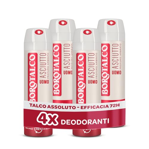 Borotalco, Deodorante Uomo Spray Asciutto Ambrato, con Talco Assoluto, Assorbe il Sudore, Senza Alcool, Profumo Ambrato, 72h efficacia - 4 Pezzi da 150 ml - Esclusiva Amazon