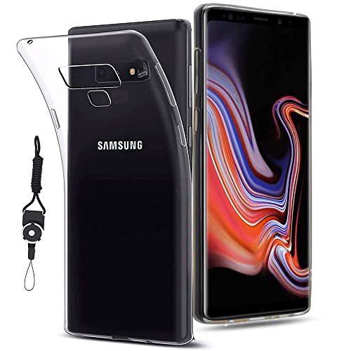 Galaxy Note9 用のケース カバー クリア 全透明 対応 TPU 耐衝撃 指紋防止 薄型 軽量 黄変防止 ストラップホール付属 ネックストラップ付 Qi充電対応 Galaxy Note9