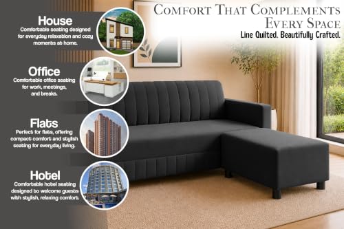 Image of Deco Studio 3 Seater Wooden Sofa with Ottoman | Modern Sofa Set for Living Room | Stylish Home Furniture Sofa with Comfortable Seating-Black