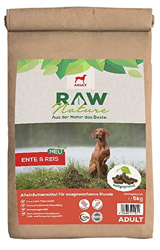 RAW Nature Trockenfutter Adult mit Ente 5kg, kaltgepresstes Hundefutter, Getreidefrei, 100% Muskelfleisch, hoher Fleischanteil, ohne künstliche Zusätze, für alle Rassen und Sensible Hunde geeignet