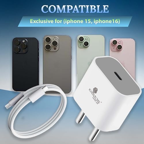 Image of Kratos 20W Fast Charger Adapter for iPhone 15 /16 /17 Series Plus,Pro,Pro Max | Adapter Compatible with All iPhones | Type C Adapter + 1M C to C Cable|BIS Certified|1 Year Warranty|White