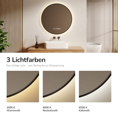 EMKE Badspiegel mit Beleuchtung Rund 80cm, Schwarzer, 3 Lichtfarben – Ansicht 3