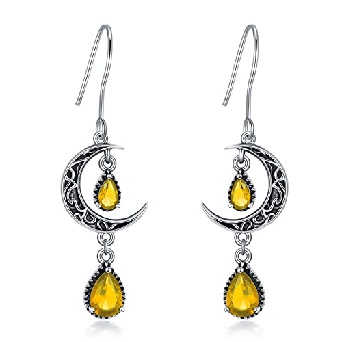 VONALA Keltische Mond-Ohrringe für Damen, 925er Sterlingsilber, Citrin, baumelnde Tropfen, Gelb, November, Geburtsstein, baumelnde Ohrringe, Mondschmuck, Geschenke für Frauen, Teenager, Mädchen