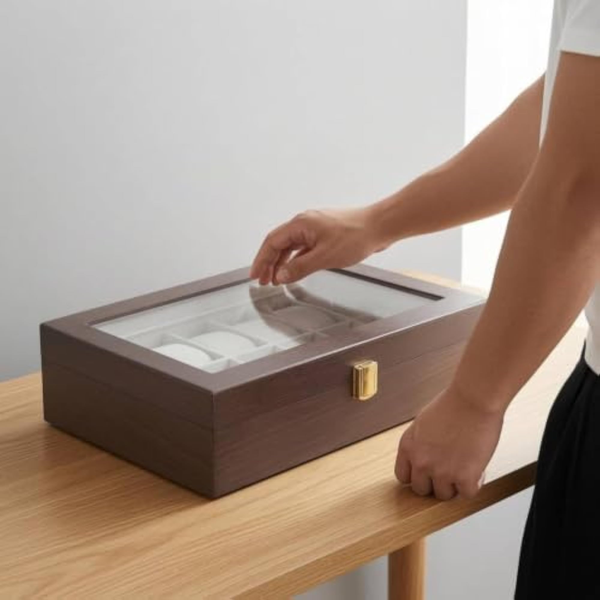 Wooden Watch Organizer Box with Transparent Top