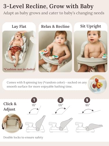Cuddobaby Baby Bath Seat 3-in-1 【360° Protection Against Side Tipping, 3-Level Adjustable】 ASTM Approved Safety, Detachable Arm, Sitting Up or Lying, Strong Suction, Fit for Flat Surfaces - Gray