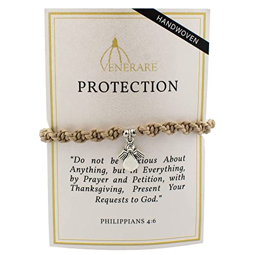 Image of Venerare Woven Twist Bracelet with Angel Charm | Adjustable Size | Green and Tan | Great Catholic Gift for First Communion, Confirmation, and Ordination | Stylish Religious Accessory