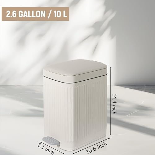 Image of rejomiik Small Bathroom Trash Can with Lid Slim Soft Close Garbage Can Step Wastebasket Container Trash Bin for Office Bedroom Kitchen Living Room (2.6 Gallon Cream)