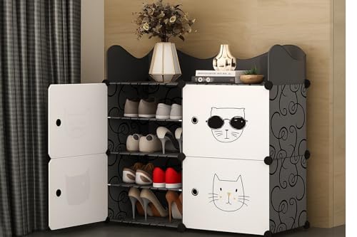Image of Plastic Shoe Rack for Home | 8 ๐๐ก๐๐ฅ๐ DIY Shoe Rack with Door Magnets for Home Storage Plastic Box Organizer, Metal Door Frame, Chappal Slipper Sandals Stand (Black,4-Door)