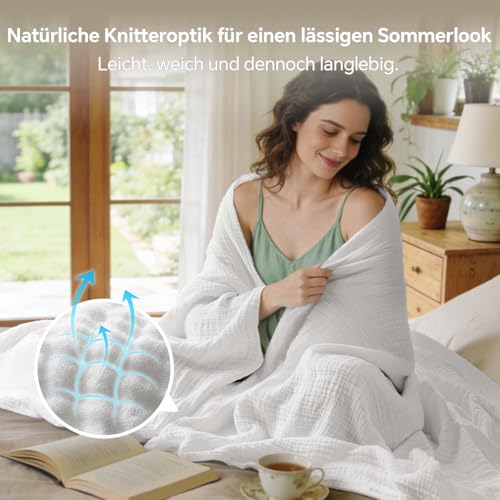 BEDELITE Musselin Decke 127x177cm Erwachsene Tagesdecke Baumwolle, Weiß – Ansicht 3