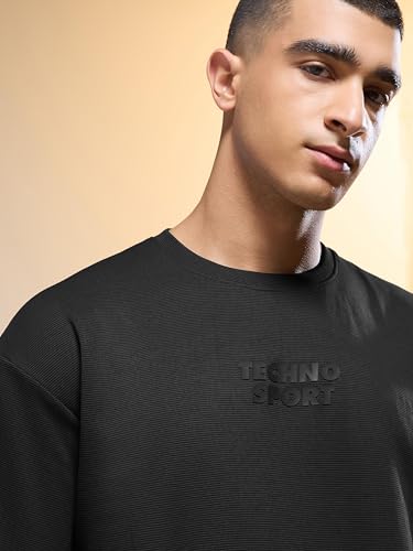 Image of TECHNOSPORT Men Printed Oversized Round Neck T-Shirt with COTFLEX, Dry Fit Sports Tee, Oversized Activewear T-Shirt for Gym, Running, Sports & Casual Wear