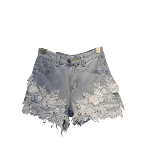 XIEHYA Short en Jean Femme Short de Cowboy en Dentelle Blanche avec Fleurs for Femme, Jean brodé et Perles d'été(XL)