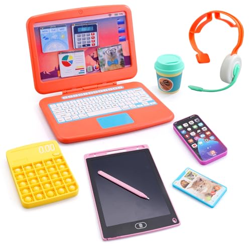 KUMDIYIT Pretend Play Home Office Set-Toy Kids Laptop,2 Cell Phones,LCD Writing Tablet,Pop Fidget Calculator,Headset & Beverage Cup for Toddlers(Ages 3+)-Work Simulation Play