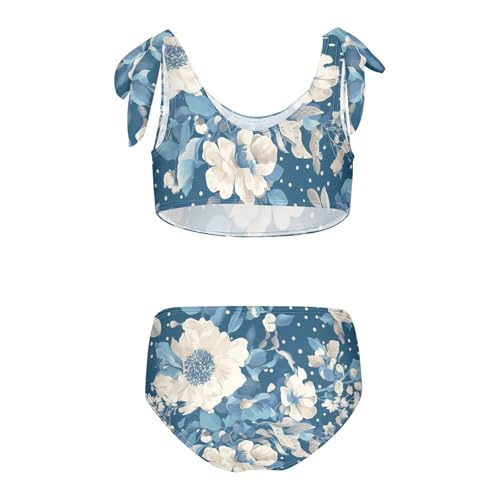 Vintage Blue Dots Floral Pattern Girls Two Piece Kids Bikini Set Scoop Neck Bathing Suit Swimwear Adjustable Strap2