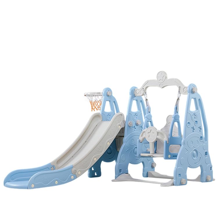 4-in-1 Kinder Spielkombination, Rutsche mit Schaukel und Basketballkorb, HDPE-Material, 185x150x112 cm, Klappbar, Indoor-Spielplatzset (Blau)