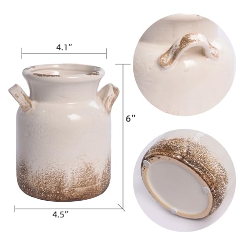 Quoowiit Ceramic Rustic Farmhouse Vase, Distressed Decorative White Boho Flower Vase for Home Decor, Ideal Shelf Centerpiece for Living Room, Bedroom, Kitchen, Office