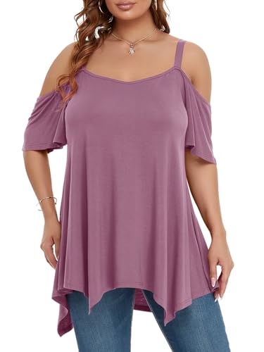 Image of LARACE Cold Shoulder Tops for Womens Summer Clothes Spaghetti Strape Tunic Oversized Shirts Asymmetrical Plus Size Blouse