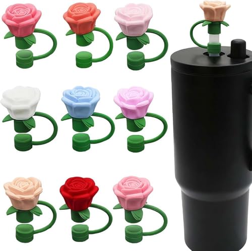 "9 Pcs Silicone Rose Straw Cover Cap for Stanley Cup, Reusable Flower Toppers Compatible with 6-10mm Drinking Straw, for Stanley Cup for Women Valentine's Gift (Polychrome) ﻿"