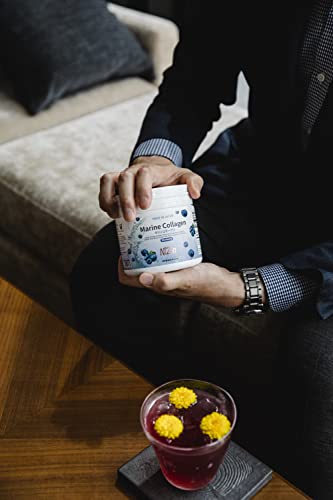 Nizen Marine Collagen Blend Powder, Hydrolyzed Peptides, Easy-To-Digest Amino Acids Supplement With Vit C + Hyaluronic Acid + Coq10 + Green Tea. Blueberry Flavor, Non-Clumping, Made In Japan. 5.29Oz #TOP6