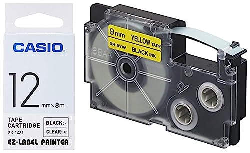 Image of Casio XR-12X Label Printer Tape (Clear) & Casio XR-9YW-S-DJ /XR-9YW1-W-DJ Label Printer Tape (Black and Yellow)