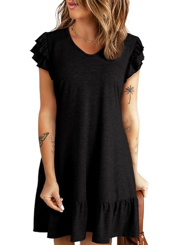 Image of Dokotoo Womens Summer Dresses 2025 Ruffle Short Sleeve Smocked V Neck Casual Loose A-Line Swing Mini Dress Sundress
