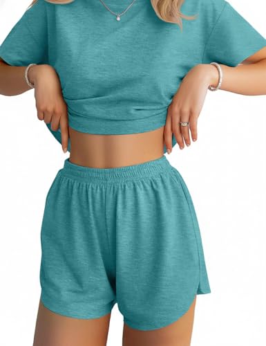 Image of JUSTFASHIONNOW Womens Pajama Sets Shorts Striped Print Two Piece Lounge Sets Crew Neck Sleepwear Split Shorts Set Soft Pjs