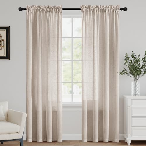 FantasDecor Natural Semi Sheer Linen Curtains 84 inch Length Light Filtering Curtain for Living Room Bedroom Curtains Rod Pocket Farmhouse Boho Curtain, W52 x L84, Angora