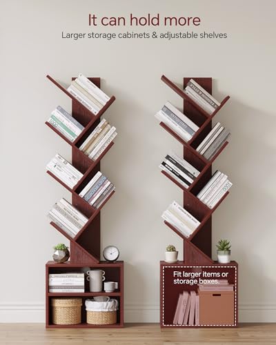 Image of SUNMORY 6 Tier Tree Bookshelf, Tall Small Bookcase with Storage Cabinet | Narrow Bookshelves Organizer, Floor Standing Book Case Shelf for Bedroom Living Room Home Office Corner, Cherry