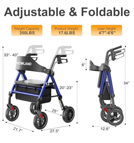 Homland Walkers For Seniors With Seat, Foldable Rollator Walker, Reinforced Aluminum Frame, 8" Big Rubber Wheels For All Terrain, Height Adjustable Lightweight Rolling Walker - 5