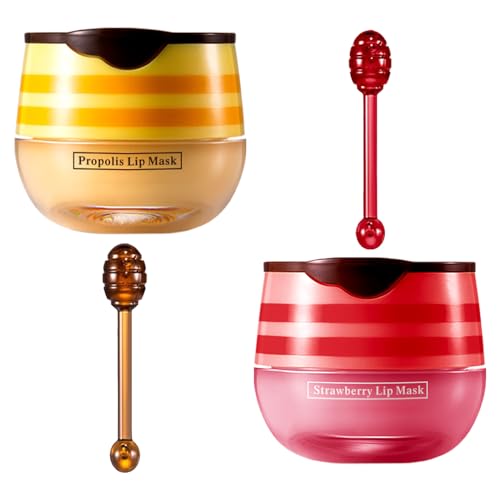 Bisienya 2 Pcs Honey+Strawberry Bee Balm Moisturizing Lip Mask for Day&Night Lip Care,Propolis Lip Care Cream Moisturizer Lip Balm With Lip Brush,Lip Sleeping Mask for Dry Chapped Peeling Lips