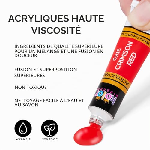 Peinture Acrylique de Kit 24 couleurs avec 3 pinceaux pour fournitures scolaires travaux manuels peintures papier toile peinture sur roche bois céramique et tissu Couleurs vives Non toxique – vue 2
