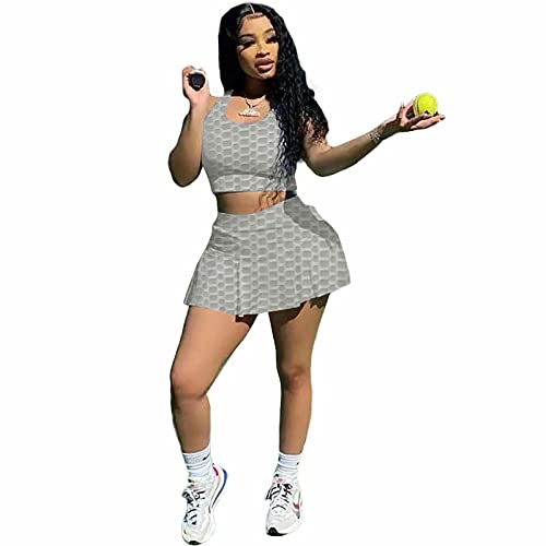 Skater Skirt-Two Piece Outfits Pleated Tennis Skirt Set Tank top and Athletic Skorts Skirt for Women Small Grey
