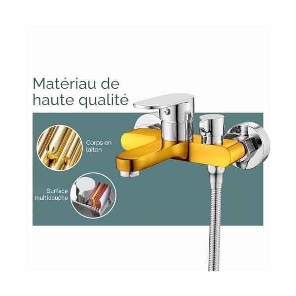 Robinet Baignoire avec Douchette Mitigeur Baignoire pour Bain et Douche Mitigeur Douche 2 Sorties Robinet Monocommande de Bain avec Douchette 3 Jets, Support, Flexible 1.5m, Chromé Mural Montage