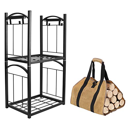 IZLIF 2 Tier Fireplace Log Rack with Removable Hanging Hooks and Waxed Canvas Firelog Wood Carrier Bag Indoor Outdoor Stacking Fireside Firewood Holder Lumber Storage - Thumbnail 2