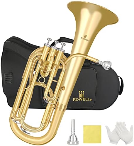 ROWELL Baritone Horn Bb Brass 3 Valves Lacquer Gold with Mouthpiece, Case and Gloves