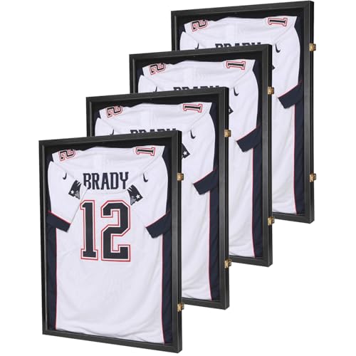 Image of Jersey Wooden Frame Display Case -Shadow Box with 98% UV Protection Acrylic and Hanger for L or XL Baseball Basketball Football Hockey Sport Shirt and Uniform (Black, 4 Packs)