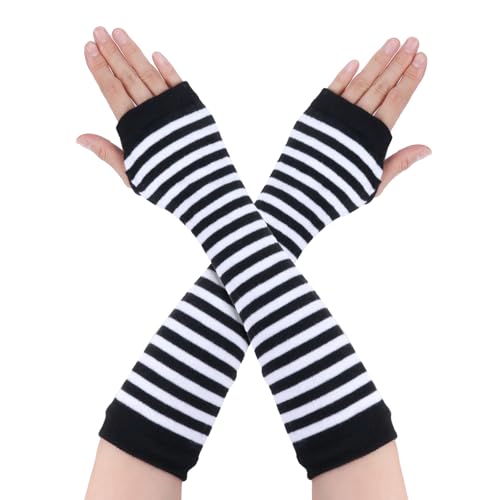 Goth Arm Warmers Emo Punk Fingerless Gloves Y2K Kawaii Arm Sleeves Halloween Costume Femboy Long Stripe Gloves Black-White