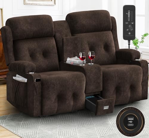 Aotolo Fabric Reclining Loveseat, Massage Loveseat Recliner Sofa Heavy Weight Capacity, RV Love Seat Chair Clearance with Console, USB, Type C Port, Storage, Cup Holders, Wall Hugger Couch