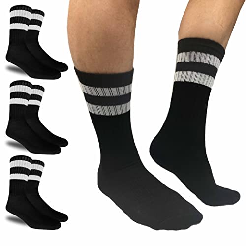 3 Pairs Men Athletic Socks Stripe Tube Crew Calf Retro Sport Black One Size 17"L4