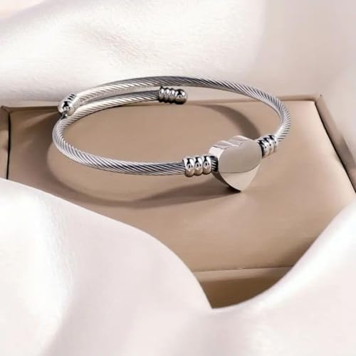 Pulseira Prateada Ajustável Estilo Coração em Aço Inox 316 Para Presente Bracelete Feminino Elegante