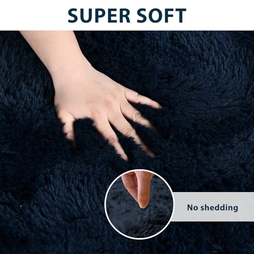 Fluffy Area Rug Blue 3x5 Rugs for Bedroom, Plush Soft Navy Blue Shag Carpet for Living Room Boys Book Room Nursery Kids Playroom Dorm Decor