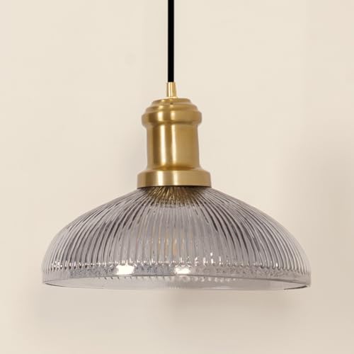 Image of Divine Trends Ribbed Grey Luster Glass Pendant Light with Antique Brass Finish | Hanging Lights for Living Room, Bedroom, Kitchen, Dining | Ceiling Lamp for Home Decoration Pack of 1