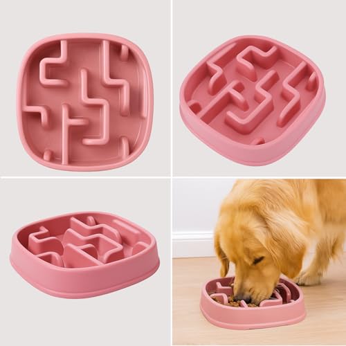 Image of Slow Feeder Bowl | Square Maze Food Bowl for Dogs and Cats | Anti Choking Puzzle Bowl | Anti Slip Interactive Feeding Dish | Durable & Easy to Clean | Anti Bloat and Aids Digestion (Pink)