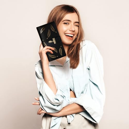 Image of Sweet Cute Chocolate Women's Long Leaf Bifold Wallet Leather Card Holder Purse Zipper Buckle Elegant Clutch Wallet Handbag for Women - Black