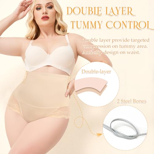 Image of Werena Women Tummy Control Shapewear Panties Shaping Underwear High Waist Body Shaper(#382 Lace Bottom Beige, XX-Large)