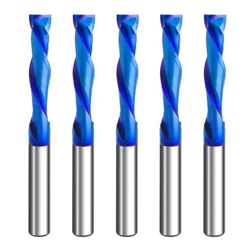 Image of 5PCS Solid Carbide Spiral Up-Down Cut Router Bit 1 /4 inch Shank, 1 /4 inch Cutting Diameter 2-1 /2 inch OAL Compression End Mill with Nano Blue Coated CNC Woodworking Bit