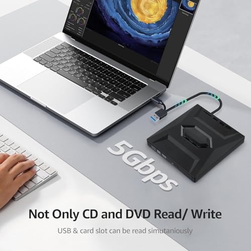 Tobo USB 3.0 & USB-C CD ROM Burner DVD Player with Hub and SD Card Reader, Portable CD DVD +/-RW Optical Disk Drive Writer for Laptop PC Windows 11/10, Mac, Linux Computer TD-1320UG