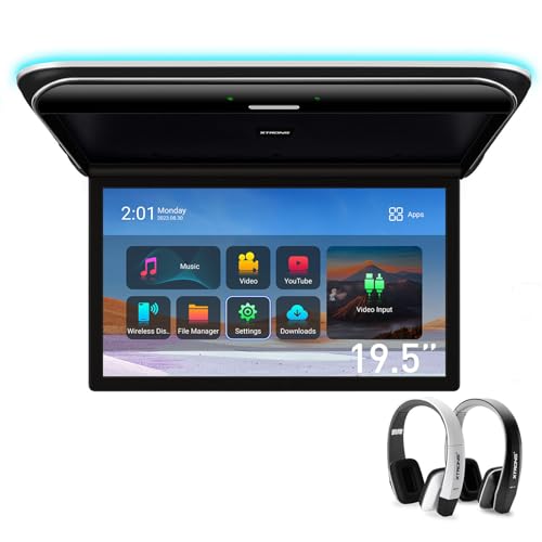 XTRONS Android Car Overhead Player 19.5 Inch Wide IPS Screen 8K Video Car Roof Mount Monitor Built-in Stereo Speakers Flip Down Overhead Car Monitor Support HDMI, USB, 2 IR Headphones Included (B & W)
