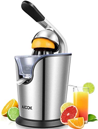 AICOK Exprimidor eléctrico 160W con Brazo de Palanca para Citricos, Antigoteo, Ningun ruido, Dos Conos Intercambiables Libre de BPA. Colador de Zumo y Boquilla de Acero Inoxidable, Plata
