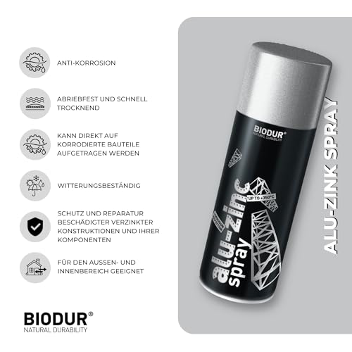 Biodur Aluminium-Zink-Spray Lack 400 ml, Glänz, Korrosionsschutz Rostschutzlack Sprühdose Alu-Zinkfarbe gegen Rost & Feuchtigkeit Sprühfarbe UV-beständig Wasserfest Grundierung für Metalloberflächen